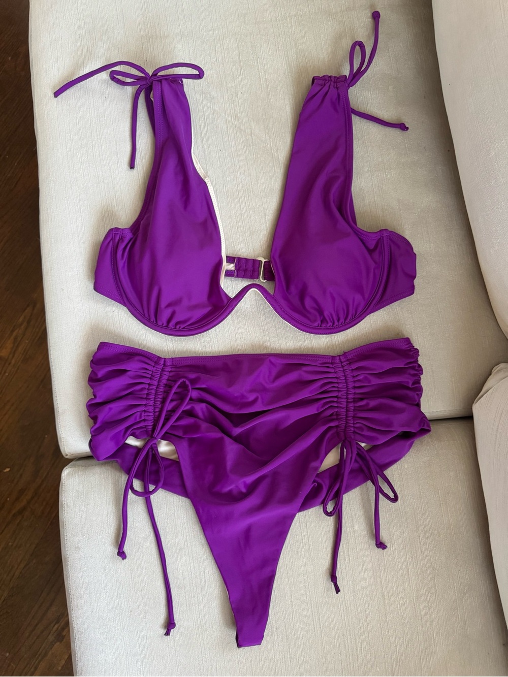 Vibrant Purple Ruched Thong Bikini Set